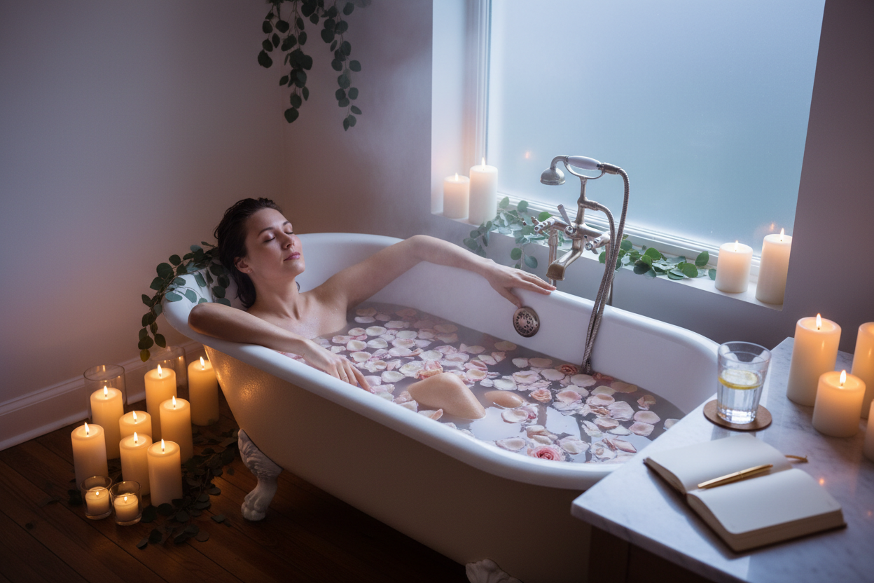 a woman relaxing in the bathtube