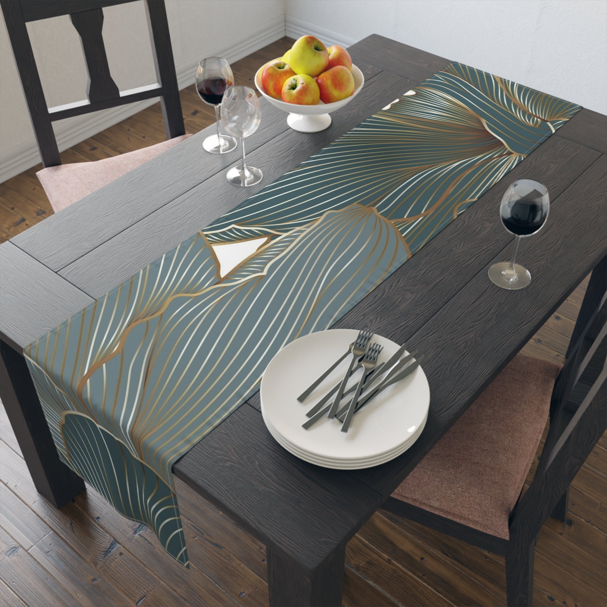 Botanical Teal Table Runner — Gold-Trim Ginkgo Leaf Dining Decor