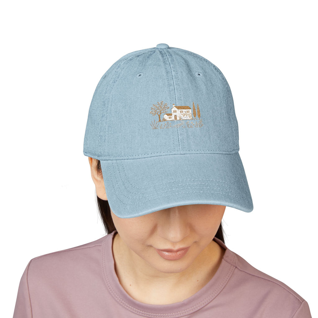 Cottage Scene Denim Baseball Cap- Unisex