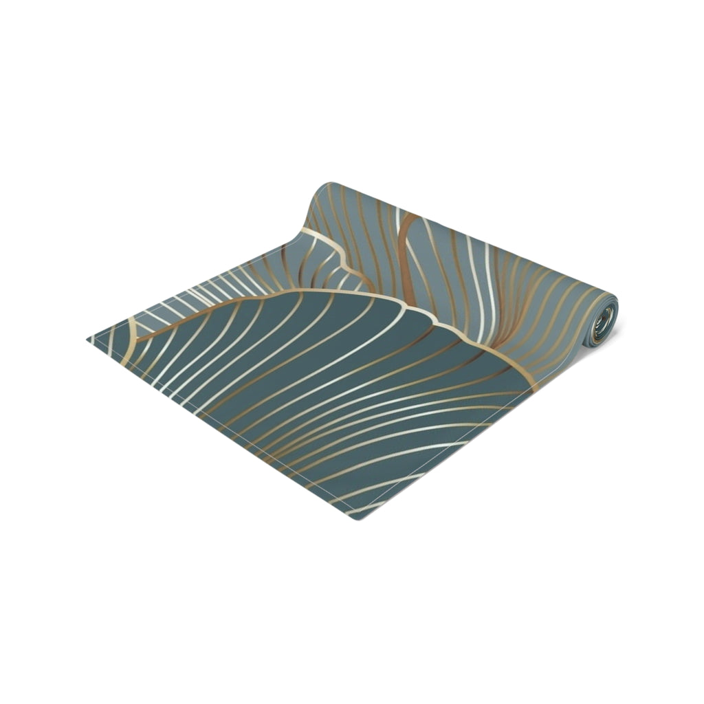 Botanical Teal Table Runner — Gold-Trim Ginkgo Leaf Dining Decor