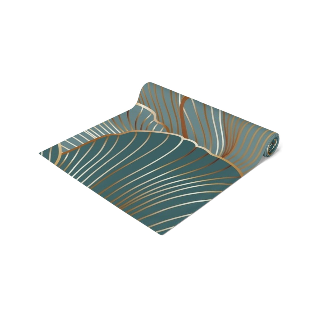 Botanical Teal Table Runner — Gold-Trim Ginkgo Leaf Dining Decor
