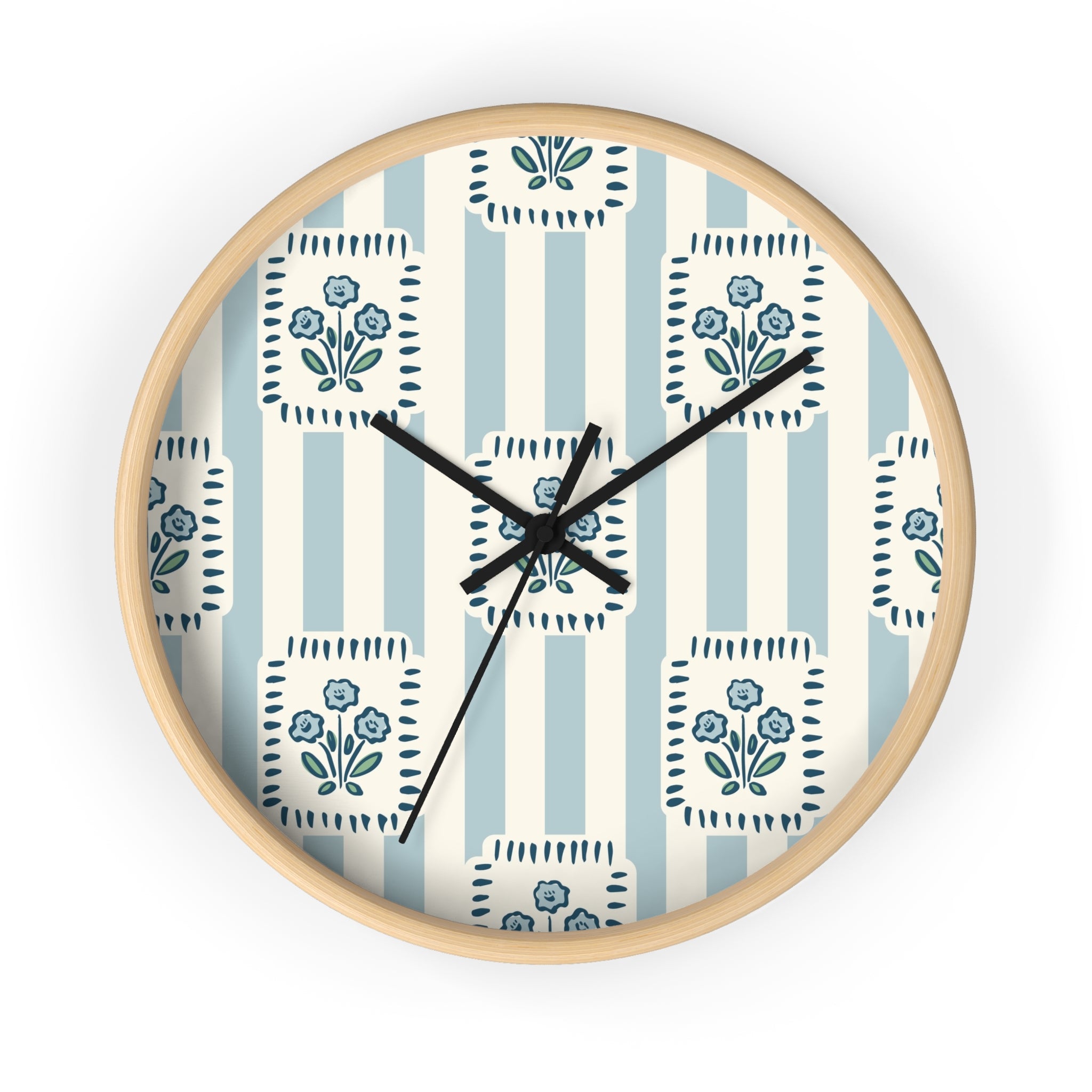 Floral Stripe Wall Clock — Vintage Blue Cottage Decor
