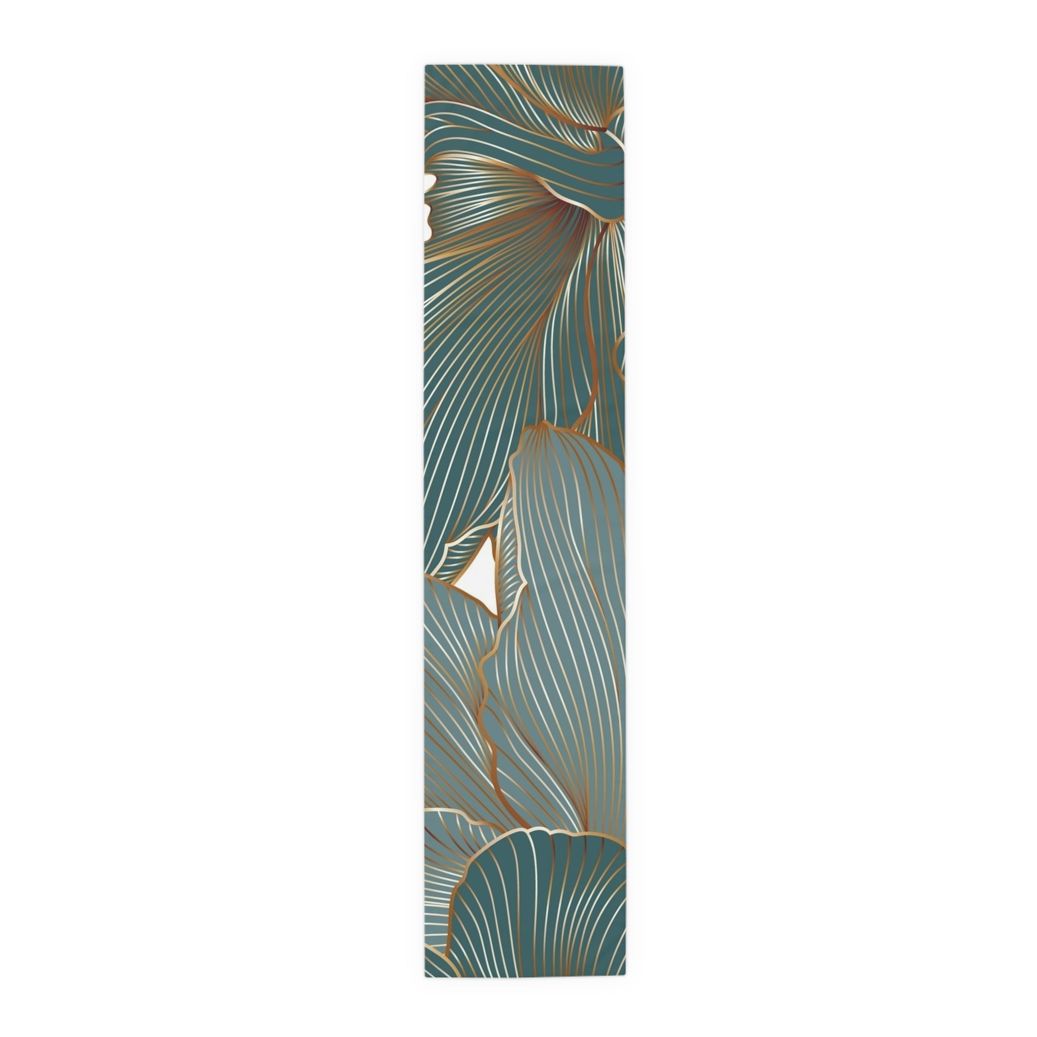 Botanical Teal Table Runner — Gold-Trim Ginkgo Leaf Dining Decor