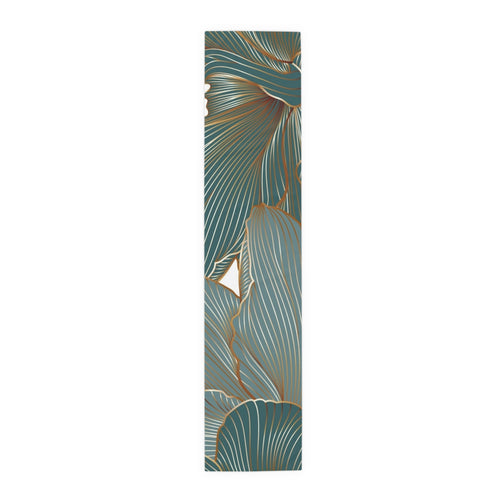 Botanical Teal Table Runner — Gold-Trim Ginkgo Leaf Dining Decor