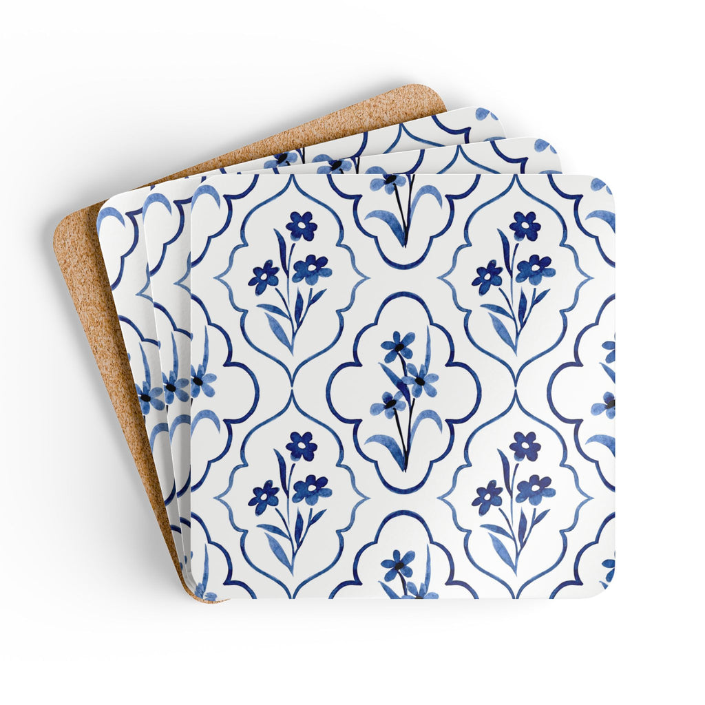 Blue floral tile cork coaster set