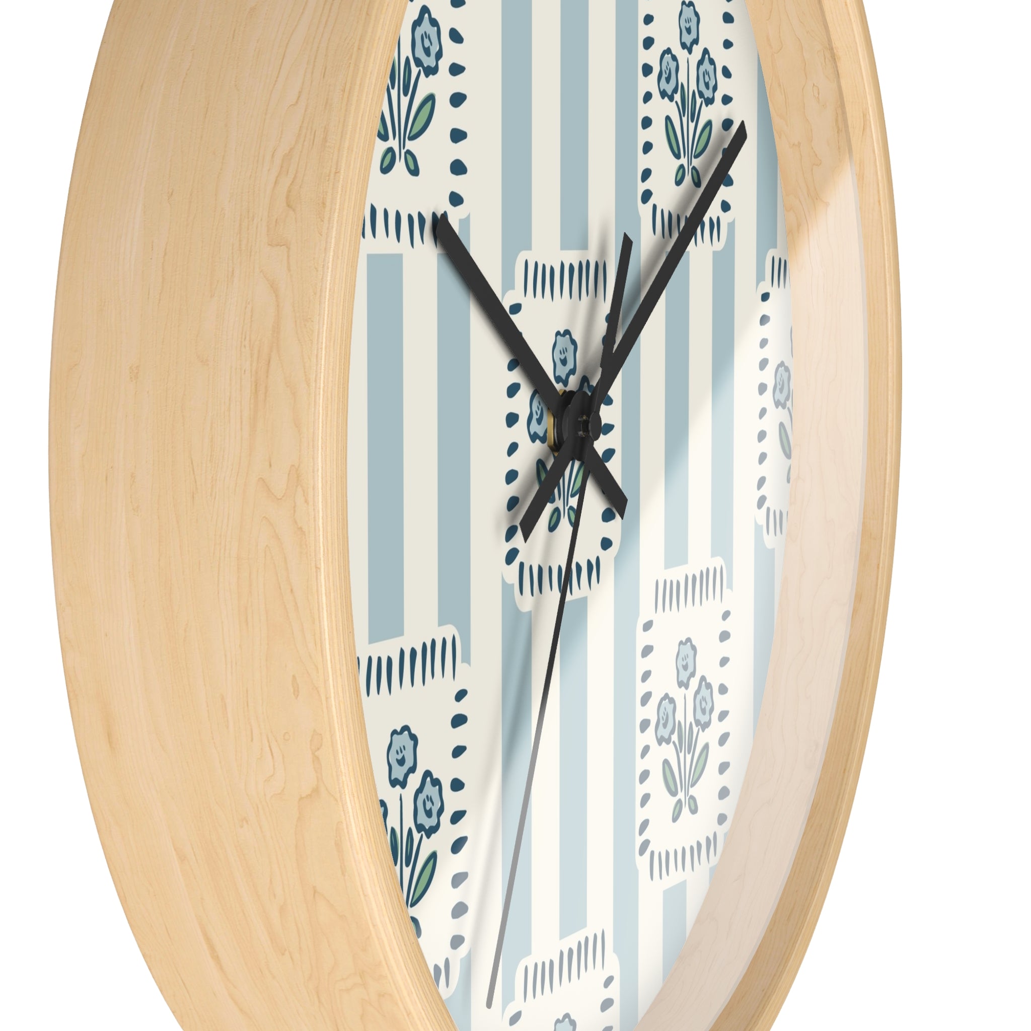 Floral Stripe Wall Clock — Vintage Blue Cottage Decor