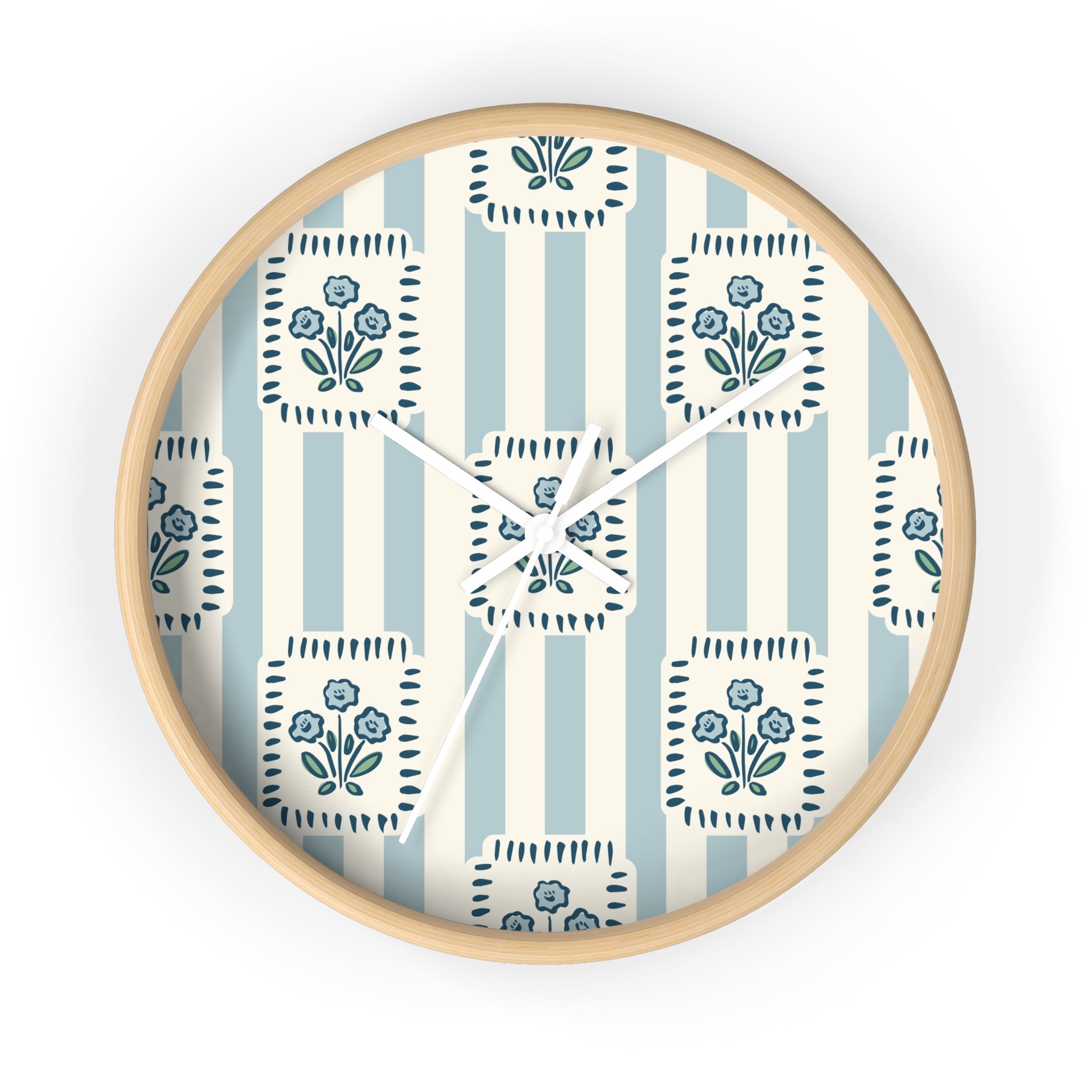 Floral Stripe Wall Clock — Vintage Blue Cottage Decor