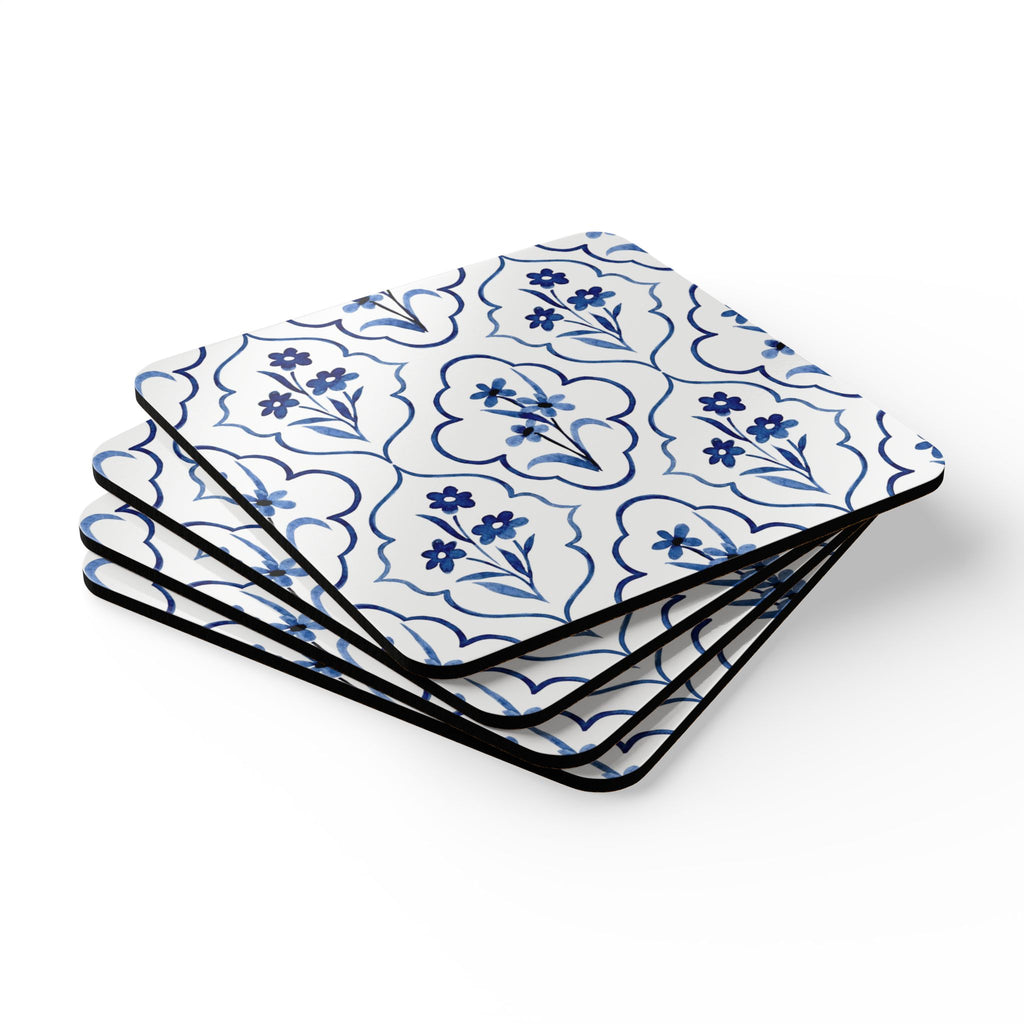 Blue floral tile cork coaster set