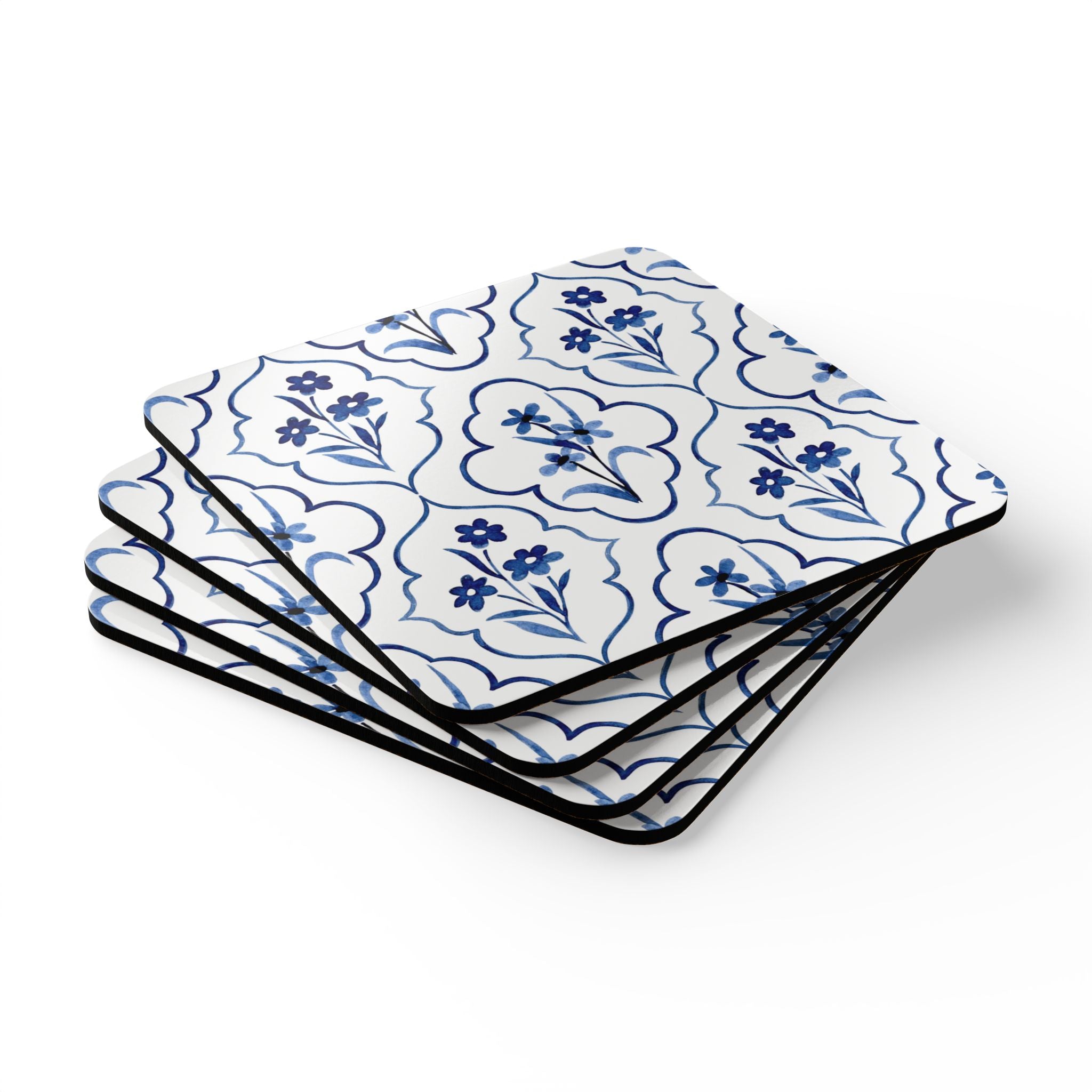 Blue floral tile cork coaster set