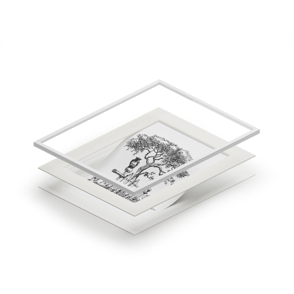 Botanical tree sketch fine art print with passepartout frame