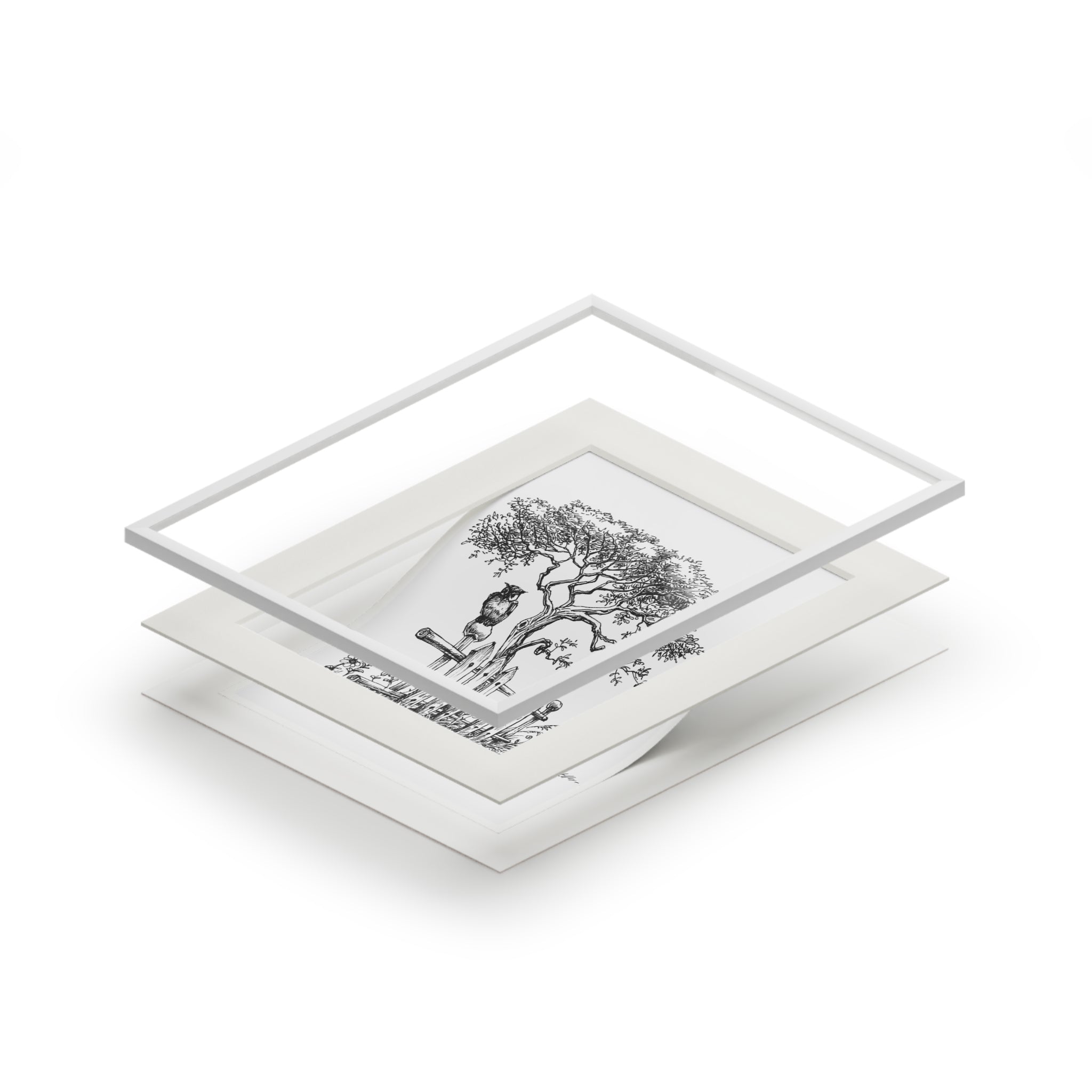 Botanical tree sketch fine art print with passepartout frame