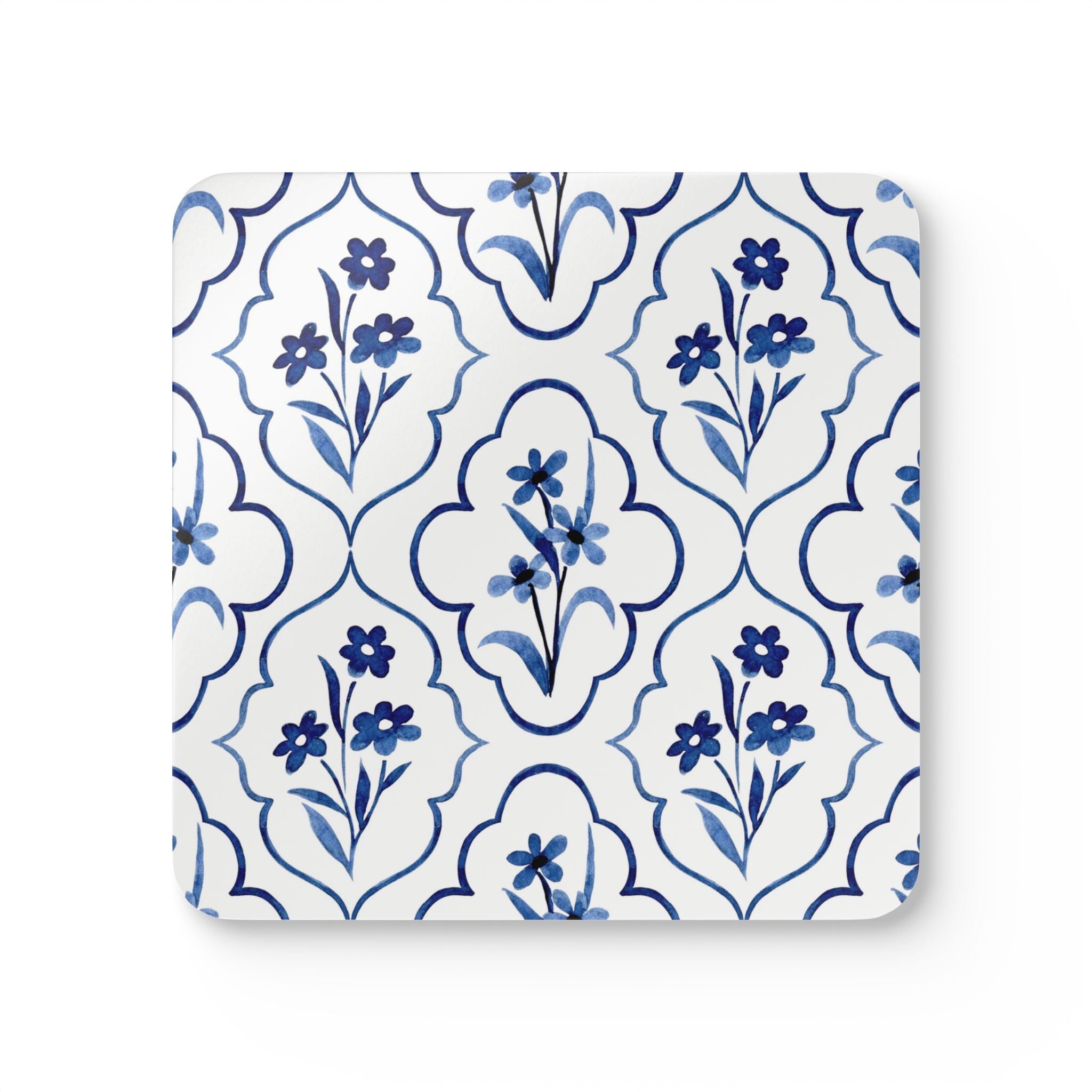 Blue floral tile cork coaster set