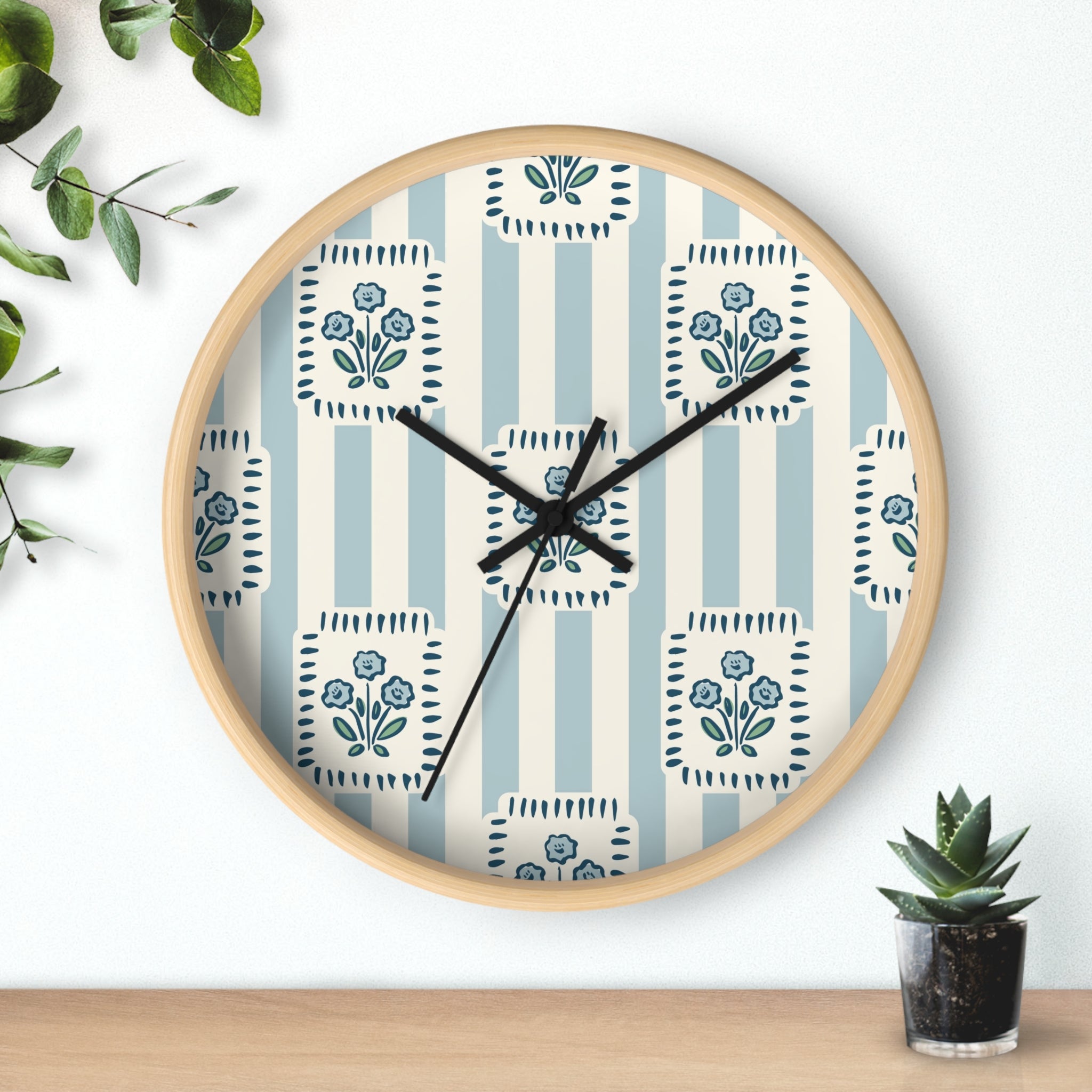 Floral Stripe Wall Clock — Vintage Blue Cottage Decor