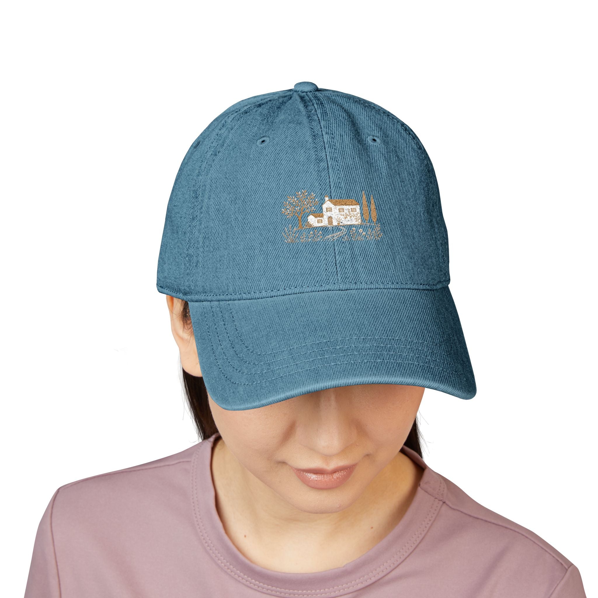 Cottage Scene Denim Baseball Cap- Unisex