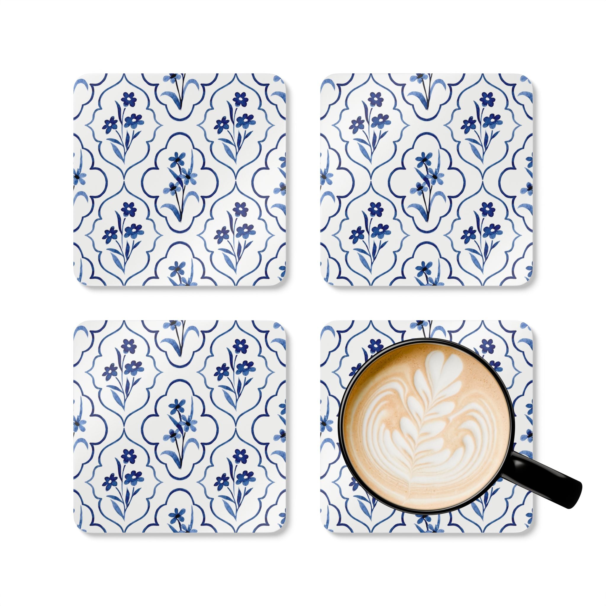 Blue floral tile cork coaster set