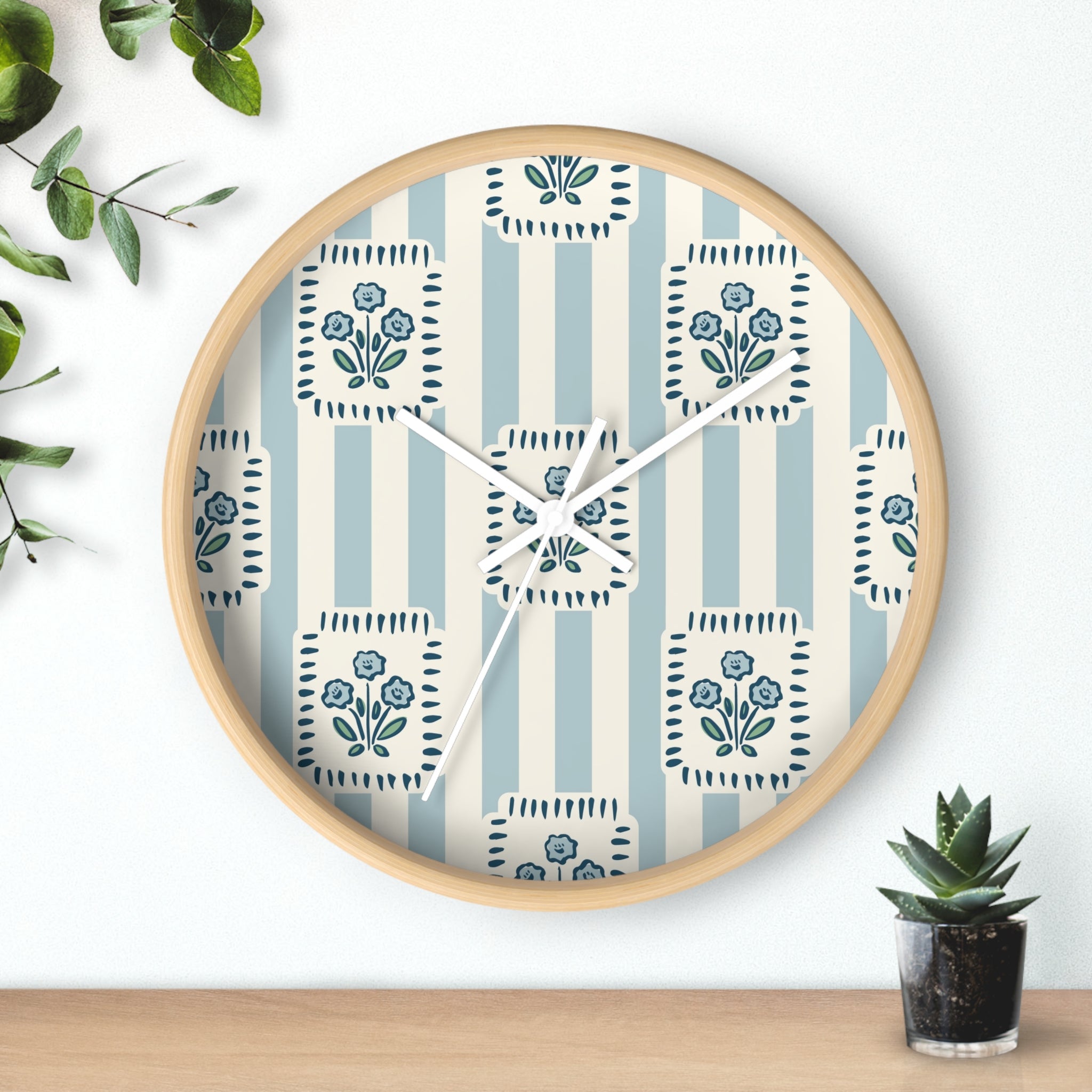 Floral Stripe Wall Clock — Vintage Blue Cottage Decor
