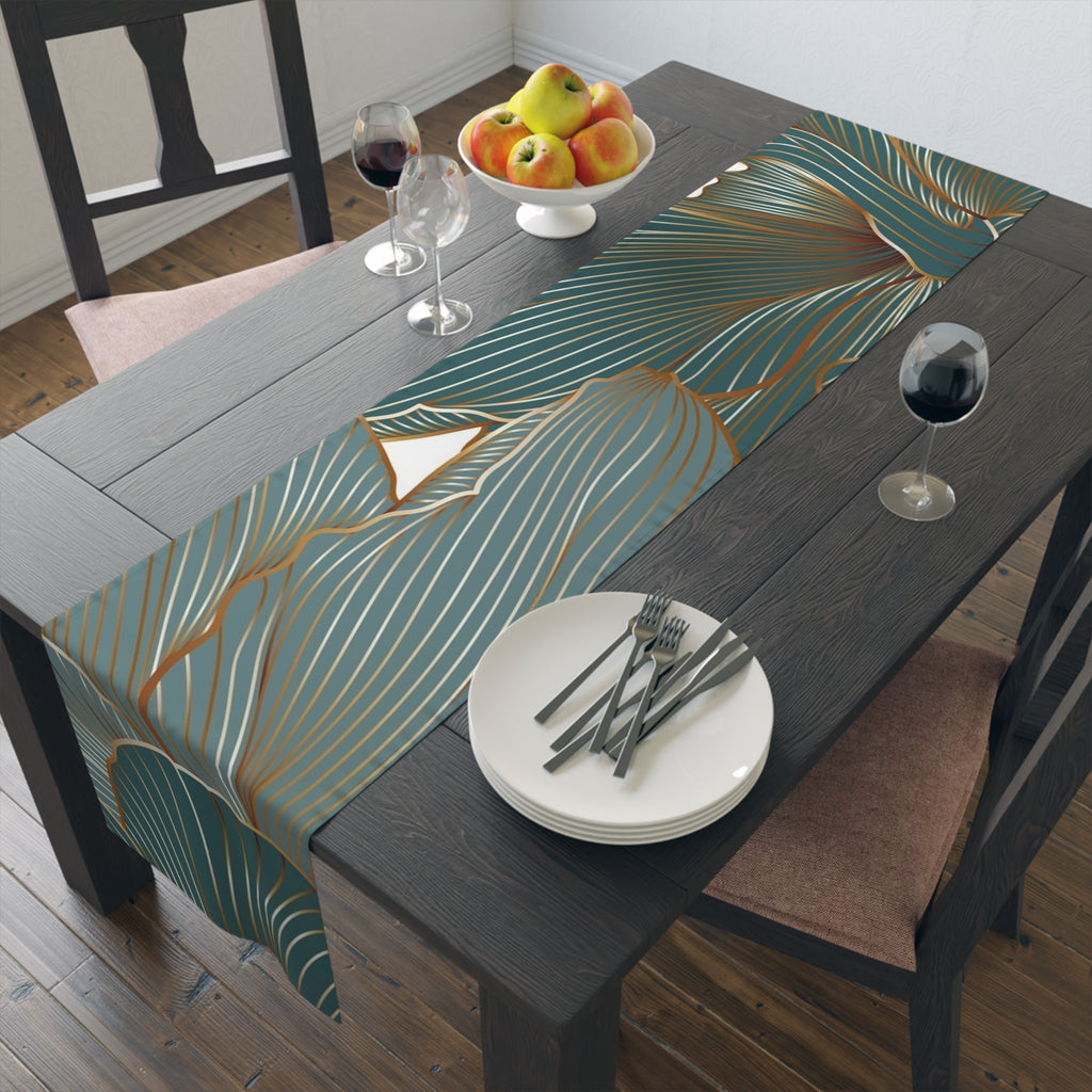 Botanical Teal Table Runner — Gold-Trim Ginkgo Leaf Dining Decor