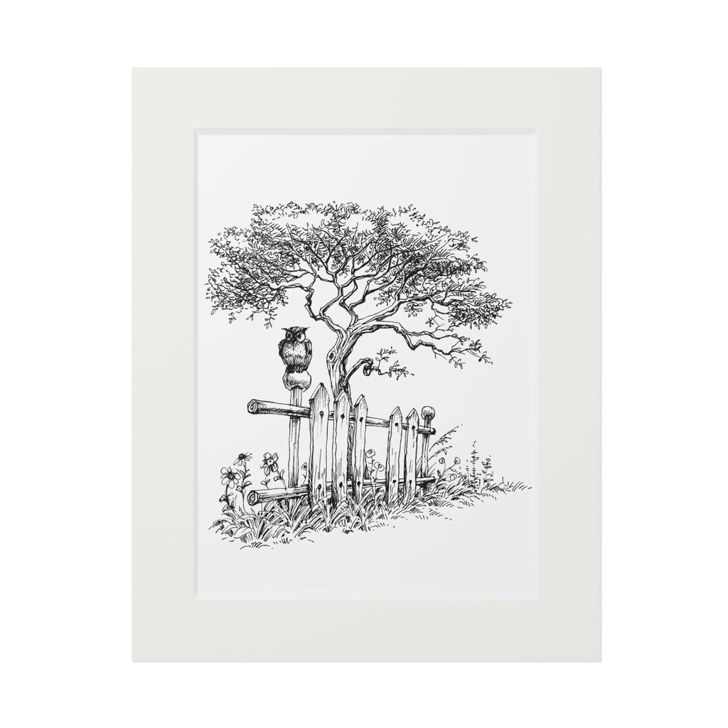 Botanical tree sketch fine art print with passepartout frame