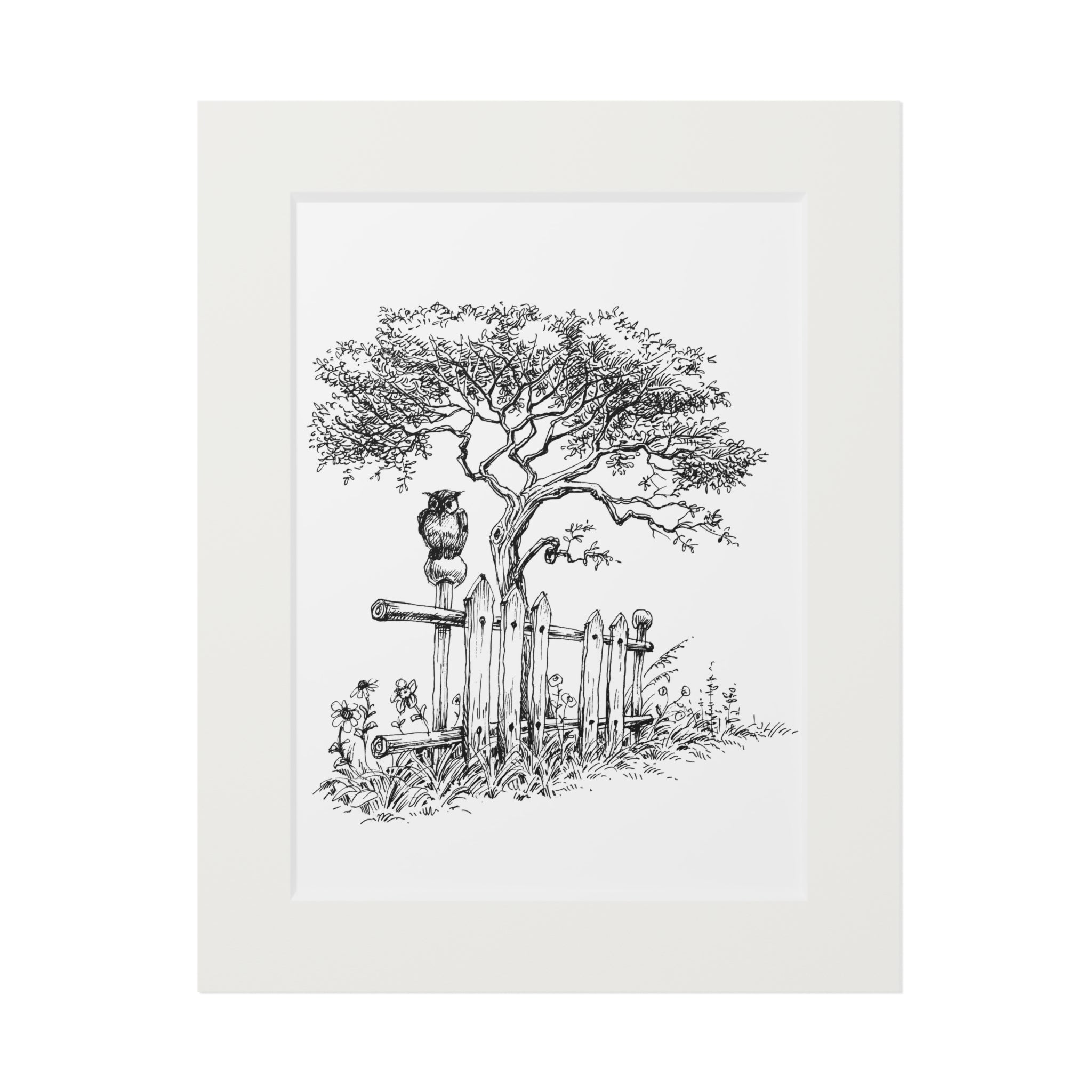 Botanical tree sketch fine art print with passepartout frame
