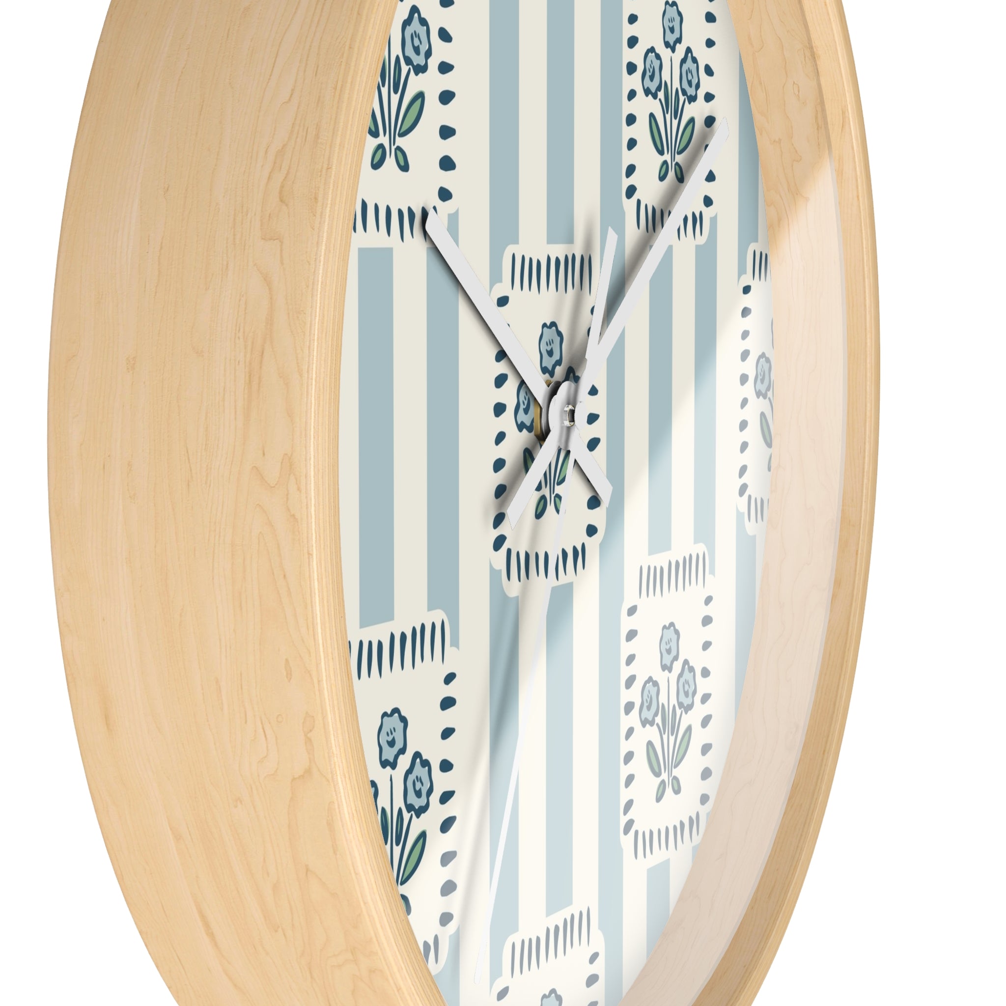 Floral Stripe Wall Clock — Vintage Blue Cottage Decor